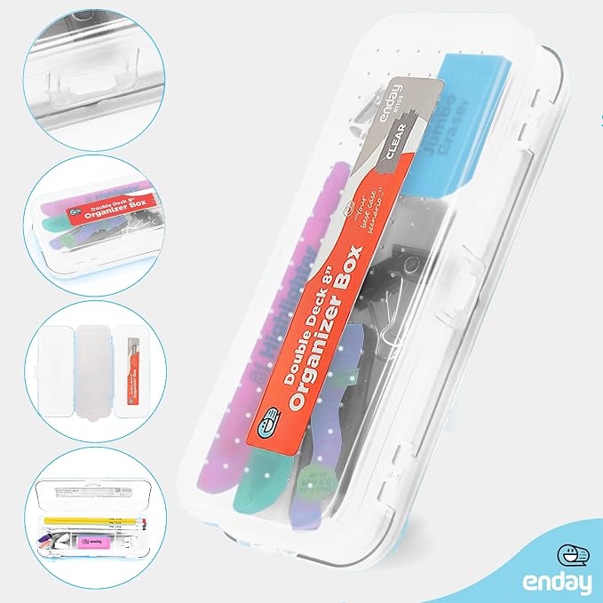 Enday Pencil Box Clear, Plastic Double Deck Pencil Case with 7 Compartments, Box Organizer with Snap Closure for Home and Office