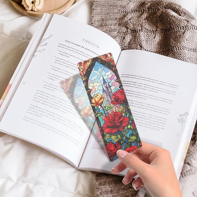 10 Pcs Stained Glass Rose Castle Bookmarks, Aesthetic Transparent PVC Flower Book Mark Set, Matte Frosted Bookmark Gift for Women Girls Readers and Bookworms (6 x 2 Inch)