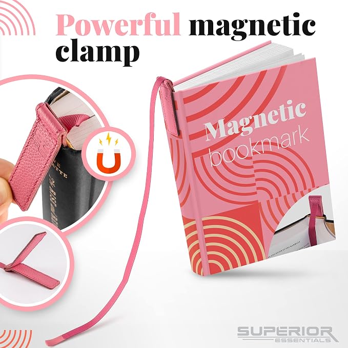 Superior Essentials Planner Magnetic Bookmark - Genuine Leather, Single Long Ribbon Bible Bookmark for Book Lovers - Amplify Your Love for Books with Our Elegant Ribbon Page Marker (1PC, Pink)