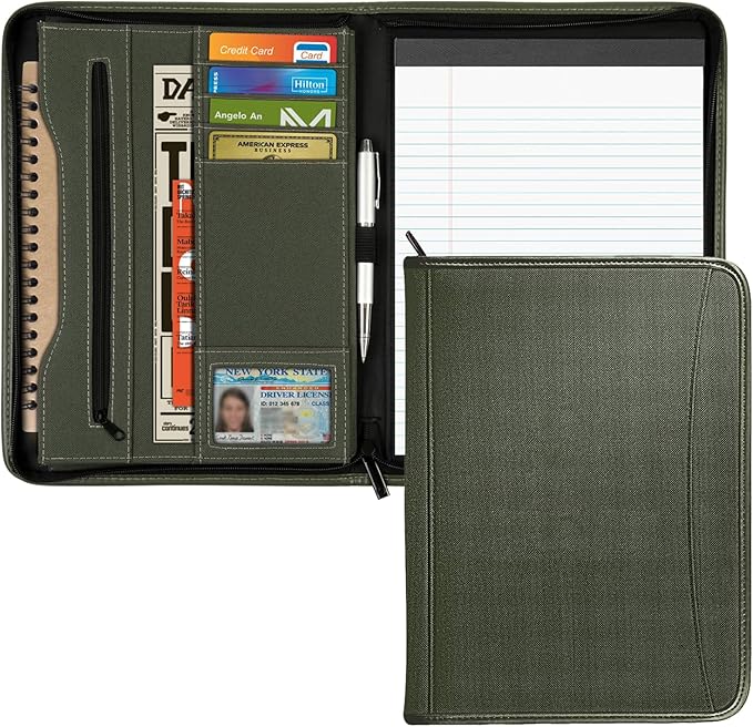 Zippered Portfolio Organizer/ A4 Refillable Lined Writing Notepad Folder Case/Fabric-Covered Padfolio Binder with Interior Storage Pocket for Men Women.Dark Olive