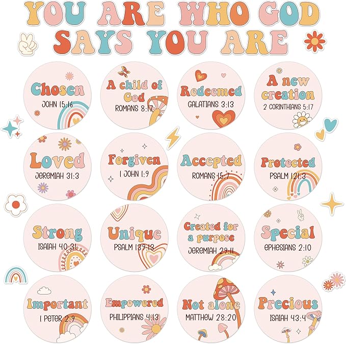 Qyeahkj Christian Bulletin Board Decorations Inspirational Bulletin Board Sets Groovy Hippie God Says You are Cutouts Motivational Religious Classroom Wall Decor for School Home Church Supplies