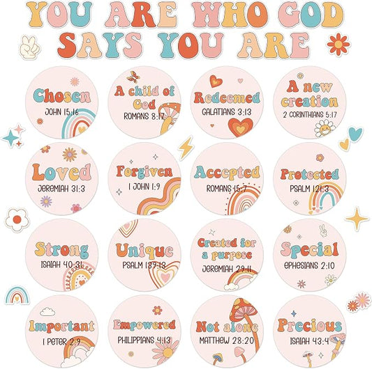 Qyeahkj Christian Bulletin Board Decorations Inspirational Bulletin Board Sets Groovy Hippie God Says You are Cutouts Motivational Religious Classroom Wall Decor for School Home Church Supplies