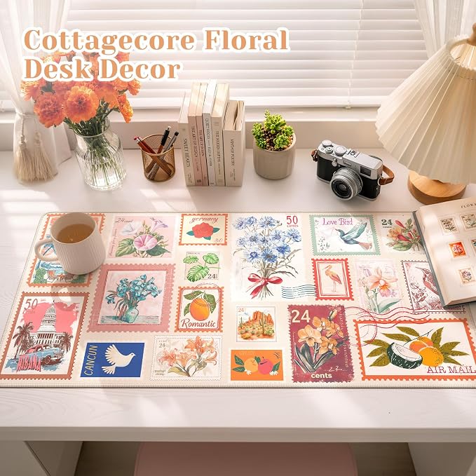 Vintage Floral Desk Mat, XXL Mouse Pad for Keyboard and Mouse, Aesthetic Collage Mousepad, Large Desk Mat for Desktop, Pink Cute Desk Decor Accessories