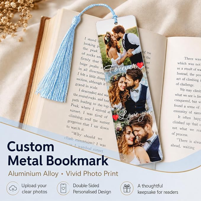 Personalized Photo Bookmark with Text, Custom Metal Page Marker with Tassel, Double Sided Aluminum Alloy Gift for Women Men Teachers Students and Book Lovers (2 Photos)