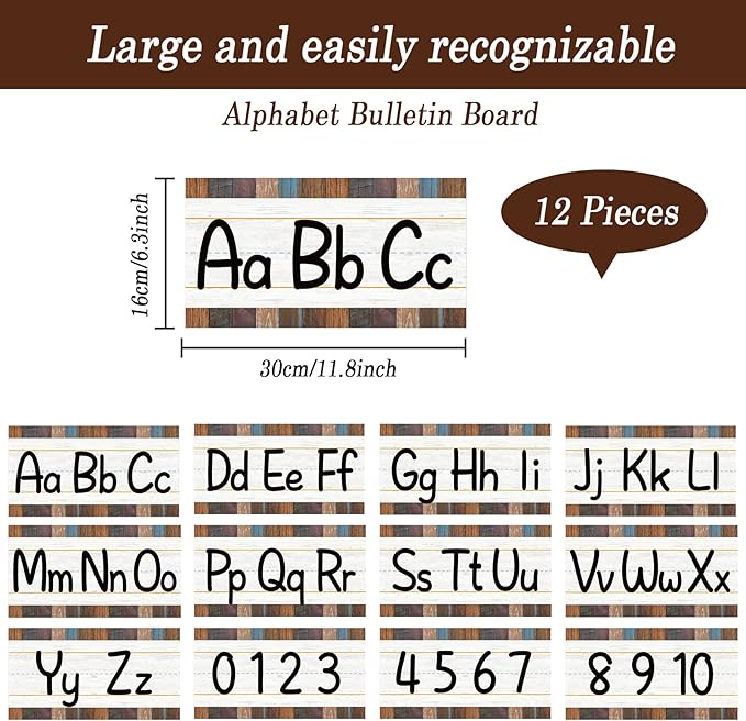 12 Pieces Alphabet Bulletin Board Strips Set Alphabet Line ABC Alphabet Banner & Number Border Posters for Preschool Kindergarten Classroom Playroom Bedroom (Industrial Chic)