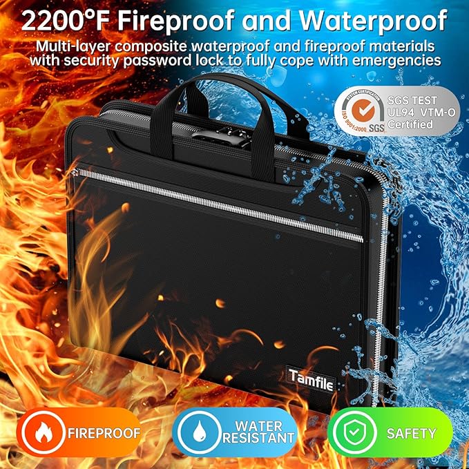Tamfile Accordion File Organizer with Combination Lock, Fireproof Water 3 Ring Binder, 13 Pocket Expanding File Folder with Labels, Multi Pockets Document Organizer for Letter A4 Files (Black)