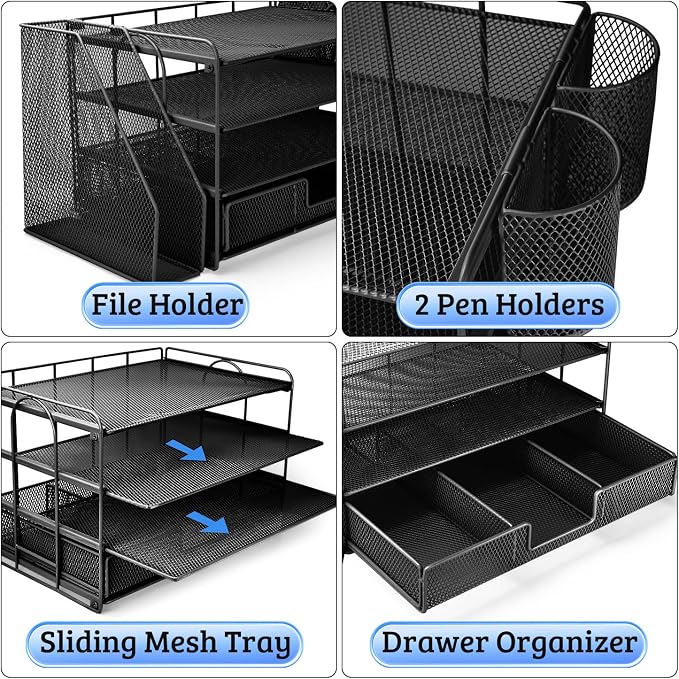 ATOMUS 4 Tier Desk Organizer, File Organizer Drawer Organizer with 2 Hanging Pen Holders Accessories & Workspace Organizers for Office Supplies Pull-Out Design (Black)