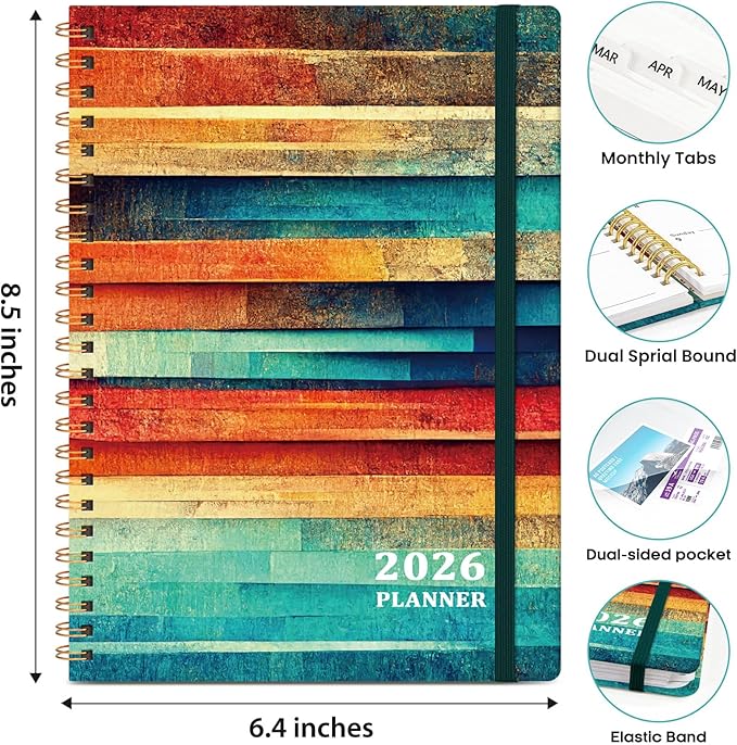 2026 Planner, Weekly and Monthly Calendar Planner Book, January 2026 - December 2026, Hardcover Spiral Planner with Monthly Tabs, Notes Pages, Perfect for Women & Men, A5 (6.4" x 8.5") - Wood