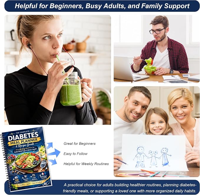 Diabetes Meal Planner & Cookbook for Beginners, Spiral Bound for Type 2 Diabetes with 128 Recipes, Weekly Meal Plans, Grocery Lists, Waterproof PVC Protective Cover, 100 GSM No-Bleed Recyclable Paper
