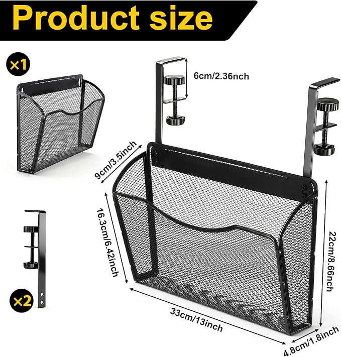 Clamp On Desk Organizer, 2-IN-1 Under Desk Side Organizer Storage Hanging Wall Mounted File Holder Under Desks Drawer Mesh File Organizers for Office Home Room Storage Basket