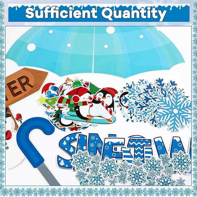 153 Pcs Winter Bulletin Board Decorations Set Let It Snow Classroom Tree Snowflake Cutouts with Borders Glue Points for School Classroom Christmas Bulletin Board Blackboard Chalkboard Decor