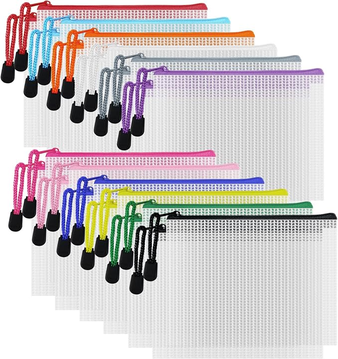 D-KINGCHY 24Pcs Zipper Storage Bags, Plastic Mesh Zippered Pouch for Organization, Waterproof Versatile Bags for Office Supplies School Travel (A6 Size 6.3''x4.7'', Assorted Color Zipper)
