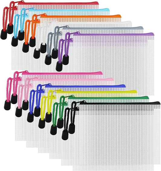 D-KINGCHY 24Pcs Zipper Storage Bags, Plastic Mesh Zippered Pouch for Organization, Waterproof Versatile Bags for Office Supplies School Travel (A6 Size 6.3''x4.7'', Assorted Color Zipper)