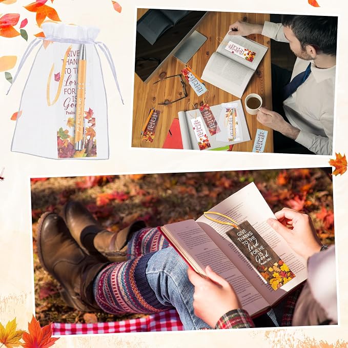 Dispowreath 36 Pcs/ 18 Sets Christian Thanksgiving Gifts Bulk, Include 18 Give Thanks Pen 18 Psalm 136: 1 Fall Religious Bible Verse Bookmarks Church Autumn Exchange Gifts for Party Favors