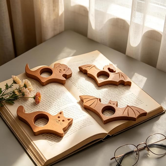 4 PCS Thumb Book Holder - Wood Thumb Book Page Holder Set, One Handed Animal Themed Bookmark Opener for Reading, Bookworm Gifts for Readers Women Men (Cat Dog Dragon Bat)