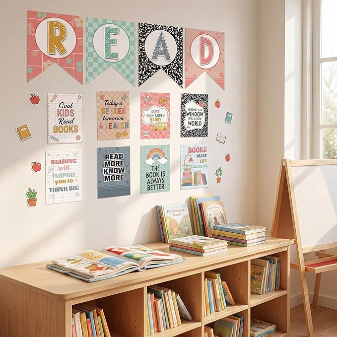 Reading Classroom Decorations Library Posters Bulletin Board Sets for Elementary Classroom Pennants Decor for Back to School Nursery Library Teacher Supplies(Bohemian Colors)
