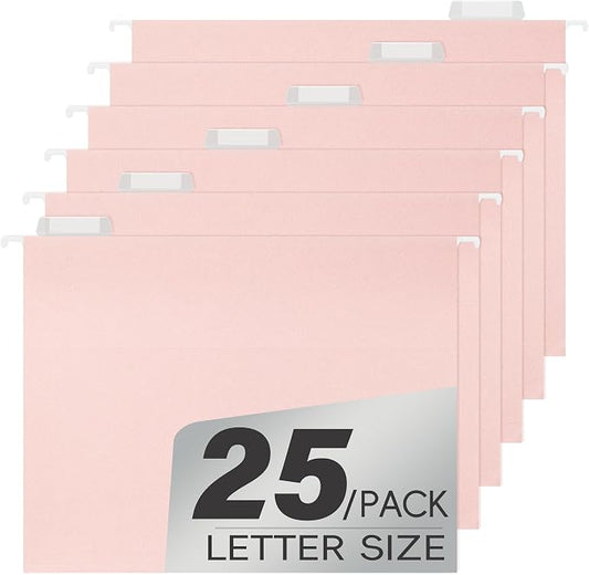 pmybupo Hanging File Folders,25 Pack Pink Folders,Reinforced Hang Folders Letter Size,Adjustable 1/5-Cut Tabs,Designed for Bulky Files,Filing Cabinet