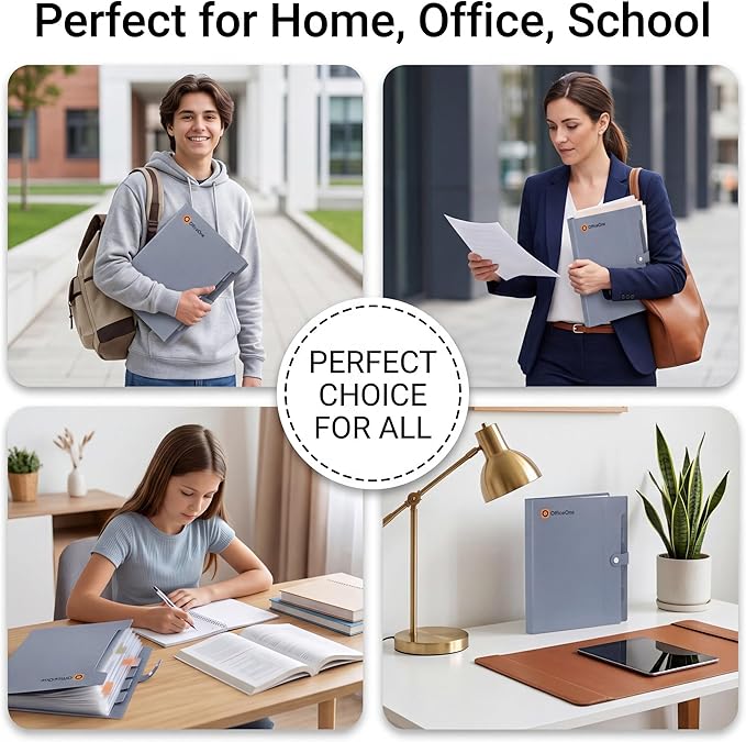 OfficeOne 8-Pocket Expanding File Folder, A4 Letter Size Accordion Document Organizer with Snap Closure, Labeled Tabs & Customizable Color-Coding Stickers, Home Office School (Jet Black)