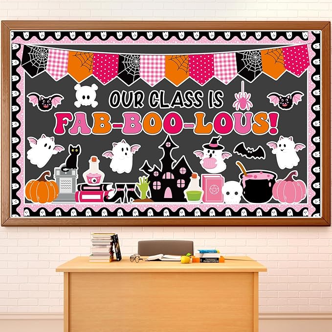 Halloween Classroom Bulletin Board Decoration Halloween Ghost Bulletin Board Set Decor Pink Black Ghost Boo Spider Cutouts Bat Castle Classroom Decoration for School Home Wall Party Decor