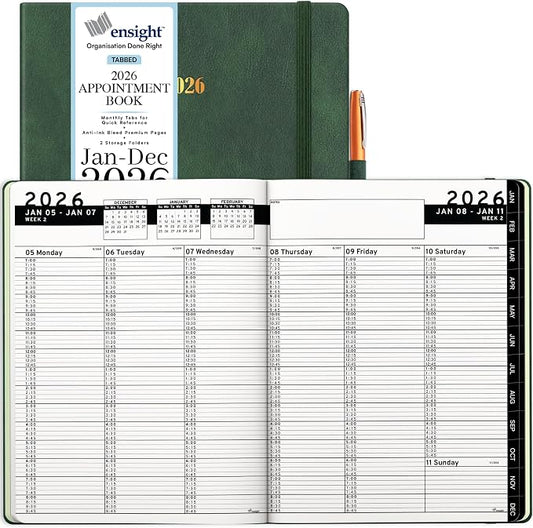 Ensight 2026 Hardcover Appointment Book & Planner 8.5" x 11" inches Large Tabbed Daily Hourly Weekly Planner Schedule Book 15 Minute time Slots Business & Personal Planner Jan 2026 Dec 2026 Dark Green