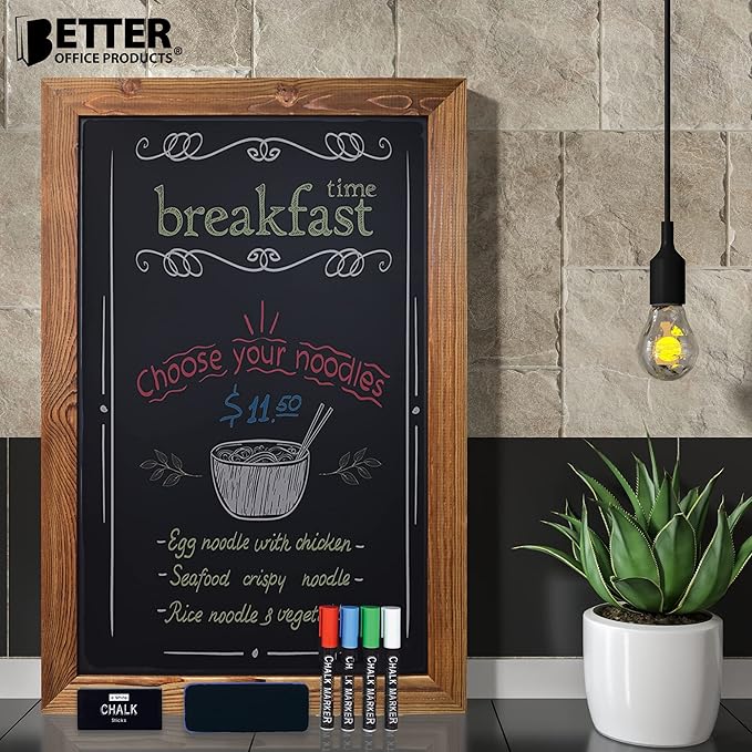 Better Office Products Magnetic Wall Chalkboard Sign, X Large Size 20" x 30", Rustic Wood Frame, Vertical or Horizontal Wall Mount, Includes 4 Chalk Markers + Chalk and Eraser,(Rustic Brown)