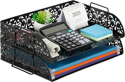 EasyPAG Paper Organizer for Desk 2 Tier Stackable Paper Tray for A4 Legal Size Folders Metal File Storage Desktop Organizer for Home Office School Teacher, Black