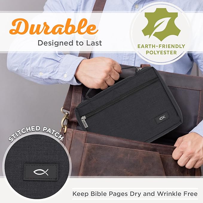 Christian Art Gifts Polyester Bible Cover for Men & Women w/Jesus Fish Patch, Secure Zipper Pocket, Pen Loops, Easy Carry Book Case for Stationery, Accessories, Black, Small