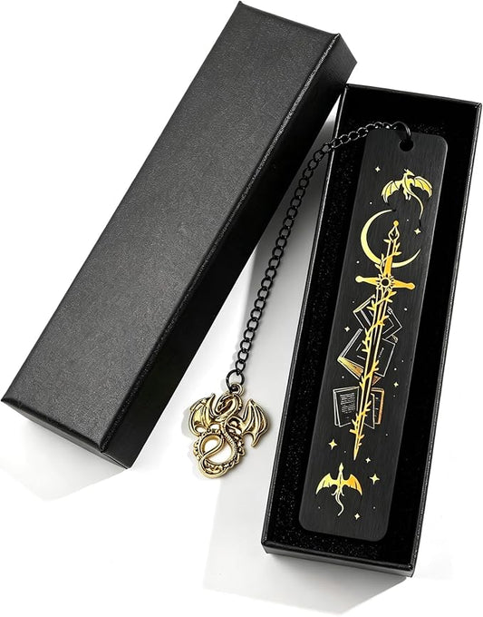 Dragon Sword Bookmark for Fantasy Book Lovers, Stainless Steel Metal Bookmark with Dragon Charm Chain, Dark Fantasy Reading Accessory, Collectible Book Mark Gift for Women Men Readers(Dragon)