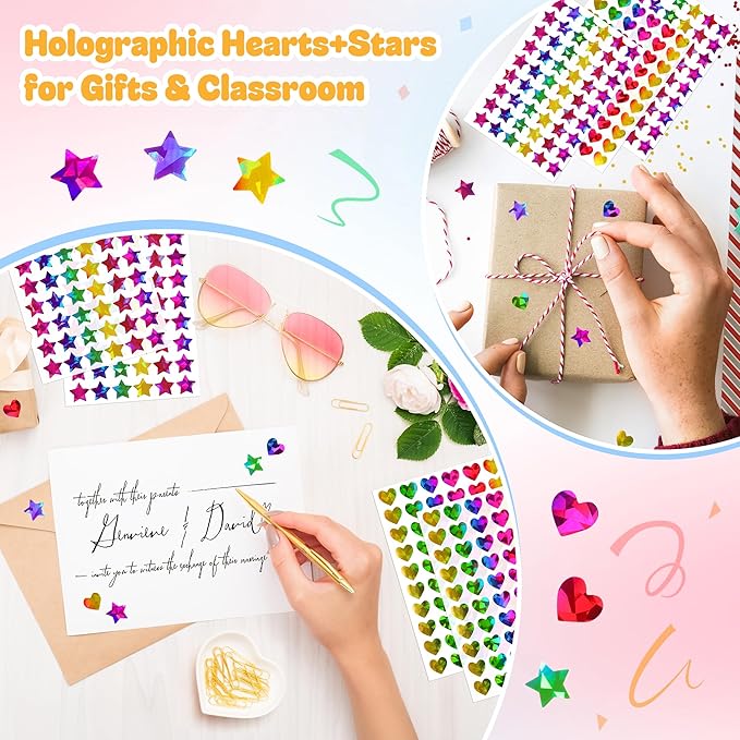 1710 Holographic Star and Heart Stickers 0.6", Self-Adhesive for Kids Rewards, Classroom Supplies, Behavior Charts, Student Incentives, Planner, Scrapbooking, DIY Crafts, Party Favors, Holiday Decor