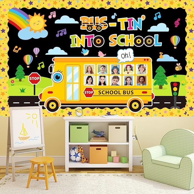 FYSUIMU 72 Pcs Back to School Bus Bulletin Board Decoration Set Yellow Bus-Tin Into School Photo Paper Cutouts with 150 Pcs Glue Points for DIY Crafts Classroom Party