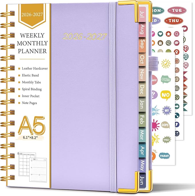 Academic Planner 2026-2027, Hardcover Leather Weekly and Monthly Calendar Planner from July 2026 - June 2027, A5 6.1" x 8.2" Daily Agenda with Tabs, College School Organizer for Student Teacher, Purple