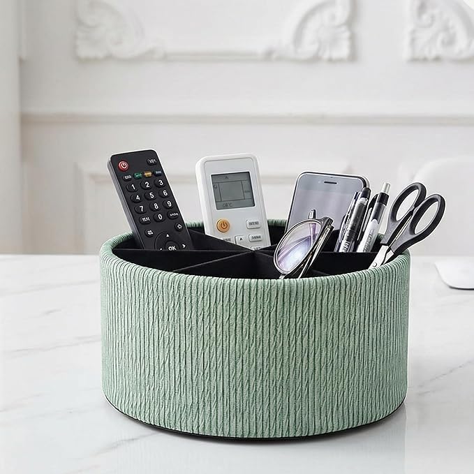 Remote Control Holder, 360°Spinning PU Leather Desk TV Remote Caddy,Desk Storage Box Room Accessories for Controller, Media,Mail,Calculator, Mobile Phone,Pencil(1-Big Wood Green)