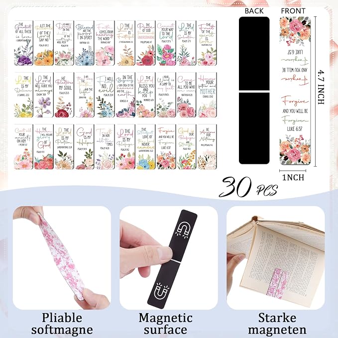 Bible Verse Magnetic Bookmarks - 30 PCs Christian Floral Book Marks for Reading Women Bulk Religious Inspirational Page Markers for Girls Kids Students School Scripture Church Faith Gifts