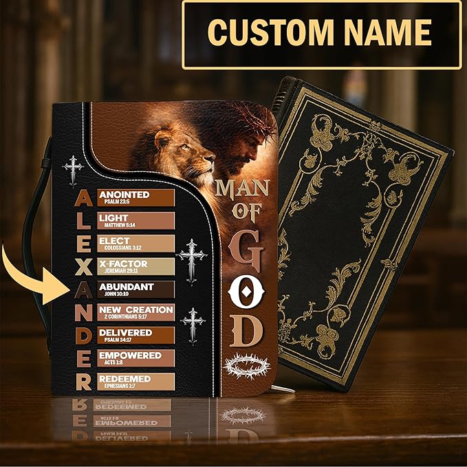 Custom Leather Bible Cover with Name – Personalized Bible Case for Women Zippered with Handle, Bookmark & Storage Pockets, Christian Gift for Mom, Daughter, Grandma (Man - God Says You are, M-2XL)