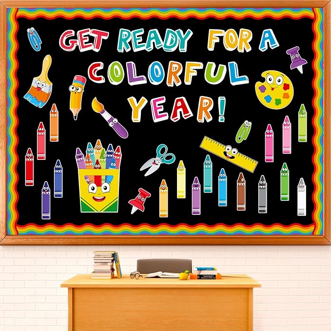 Pasimy 121 Pcs Crayon Theme Classroom Decorations Back to School Bulletin Board Border Set Colorful Crayons Name Tags Cutouts for First Day of School Teacher Supplies Classroom Chalkboard Wall Decor