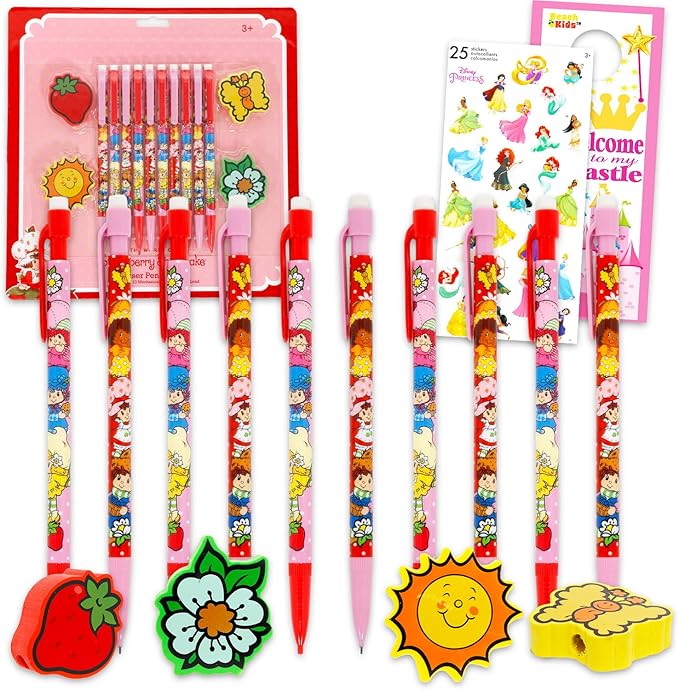 10 Count Strawberry Shortcake Mechanical Pencils for Classroom Set - School Supplies Bundle with 10 Pencils, 4 Erasers, Bookmark, More | Strawberry Shortcake School Supplies for Kids, Girls