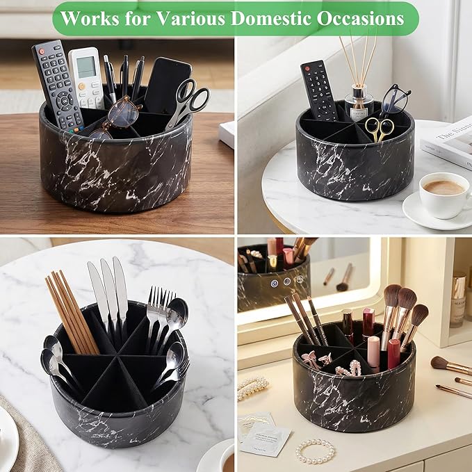 Remote Control Holder, 360°Spinning PU Leather Desk TV Remote Caddy,Desk Storage Box Room Accessories for Controller, Media,Mail,Calculator, Mobile Phone,Pencil(1-Big Marble Black)