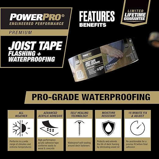 Power Pro Premium Exterior Deck Joist Flashing Tape for Decking, 2" x 50', All-Weather and Waterproof for Deck Protection, 1 Roll