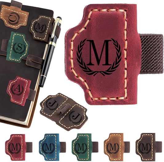 Artlaza Personalized Magnetic Leather Bookmark with Pen Holder - 26 Letters Custom Book Mark with Name Initial Engraved Book Marker for Readers, Book Lovers, Travelers - Gift for Women & Men(Red，M