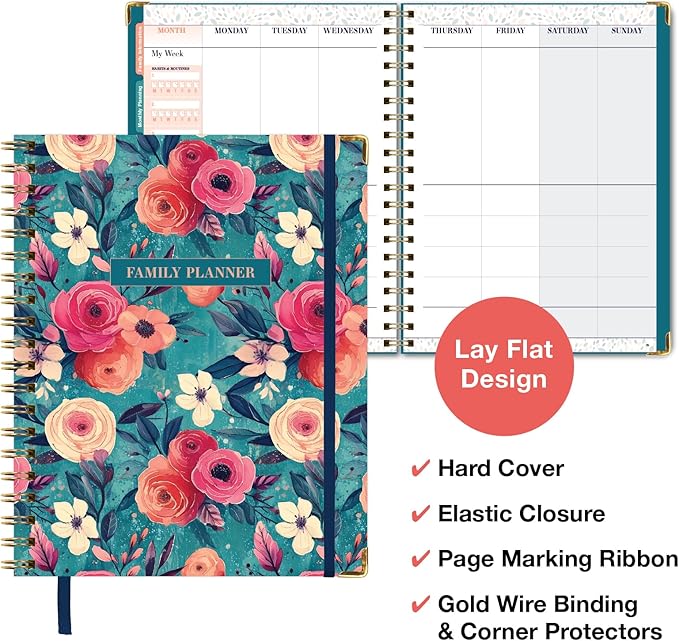 Undated Family Planner Organizer – 8.5" x 11" Weekly & Monthly Calendar for 5+ People, Meal Planning, Budgeting, Habit Tracker – Hardcover, Household Schedule Organizer for Parents, Kids, & Caregivers (Teal Floral)