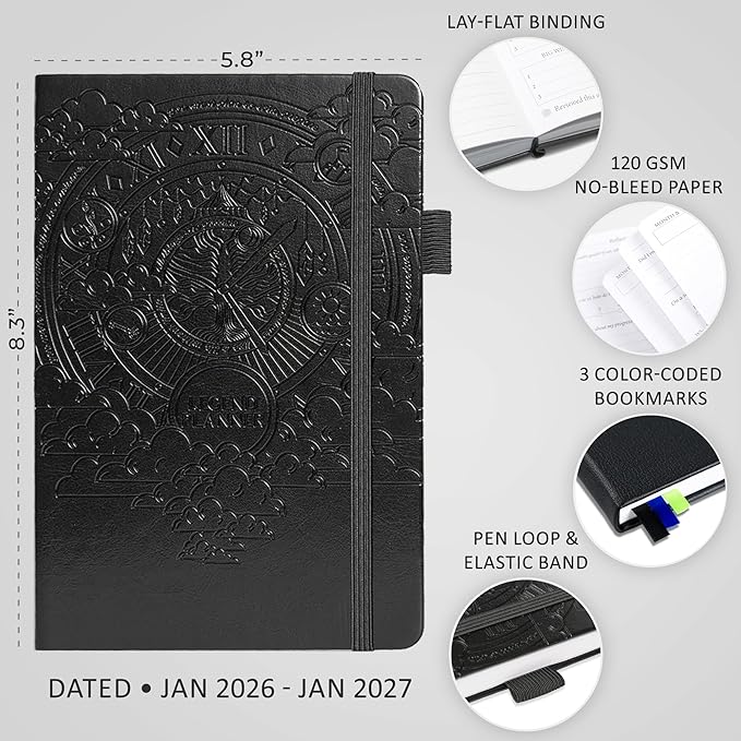 Legend Dated Hourly Weekly Planner 2026 – Daily, Monthly & Yearly Agenda with Time Slots – Hardcover Organizer Journal, 5.8x8.3” (Black)
