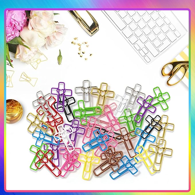 100 PCS Heart Cross Paper Clips for Bible Study Supplies,Christian Gifts,Jesus Bible Stuff Bookmark journaling Supplies Accessories, Easter Eggs fillers, Teacher Gifts (Multicolors)