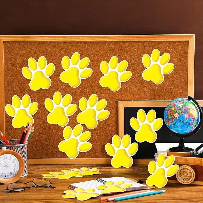 Junkin 60 Pcs Mini Paw Prints Cutouts Accents Bulletin Board Patrol Table Decorations Wall Decal Poster for Kids Educational School Home Party Supplies(Yellow)