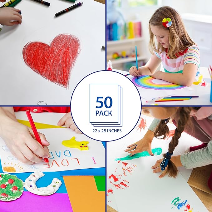 White Poster Board 22x28, Premium 2-Sided Board for School Projects, Arts & Crafts, Water & Fade Resistant for Signs & Presentations, 50 Count