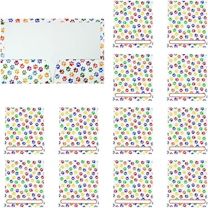 Fun Express Paw Print Pocket Folders with Pockets 12 Pack - Cute School Supplies for Kids & Classroom Essentials | Colored Paper Folders Bulk Set for Back to School, Homework & Student Organization