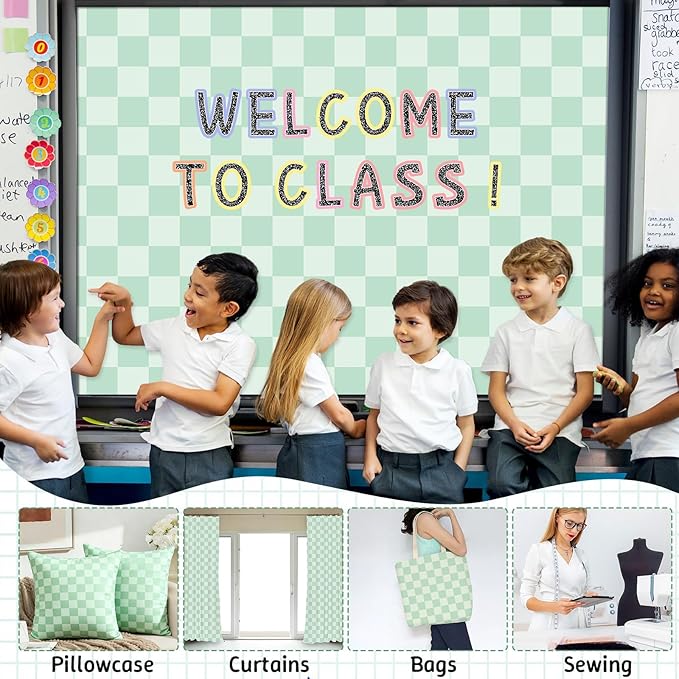 120x47 in Checkered Bulletin Board Fabric Pastel Bulletin Board Background Hippie Groovy Classroom Decor for Back to School Home Office Wall Decor Party Supplies Pillows Curtains Crafts Green