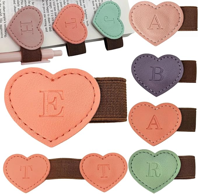 Personalized Magnetic Leather Heart Bookmark with Pen Holder - 26 Letters Custom Book Mark Notebook Pencil Loop with Initial Book Marker for Readers, Book Lovers- Gifts for Women Men(Black & Orange,E)