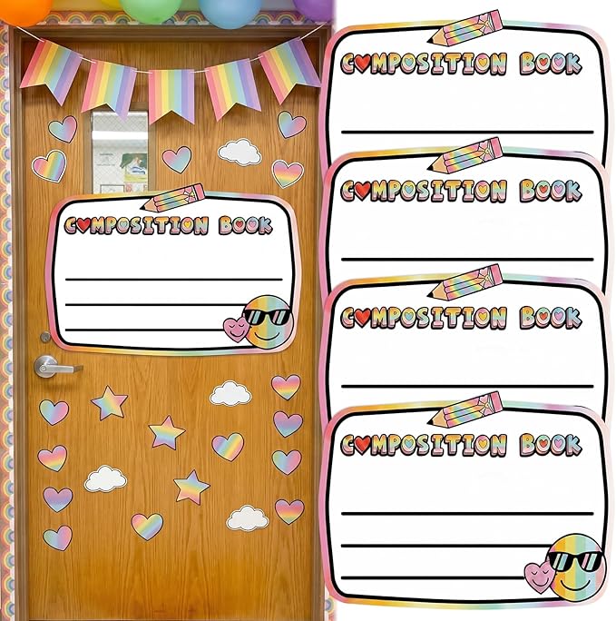 Gueevin 4 Pcs Large 23 * 16.5 inch Composition Book Cutouts Composition Notebook Bulletin Board Trim for Classroom Door First Day of School Wall Windows Porch Sign(Color)