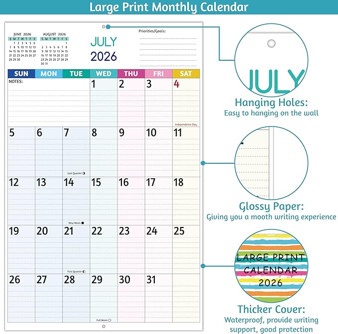 2026 Wall Calendar - Large Print Calendar 2026, 12 Monthly Calendar, Jan. 2026 - Dec. 2026, 14.6 x 22.8 In (Open), 2026 Calendar with Big Numbers, Large Grid, Notes, Moon Phases, Great for Planning