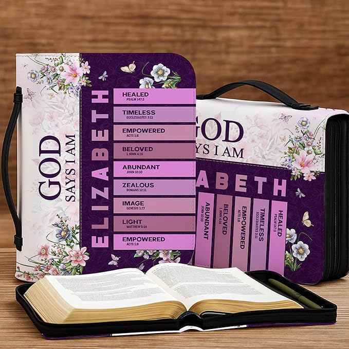 Personalized Man of God Bible Cover, God Says I Am Bible Case PU Leather, Bible Holder Handle Zipper, Faith Scripture with Name Case Bag, Religious Gifts for Church Christians Women Men (GOD-07)